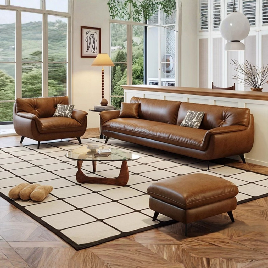 Gloss Leather Modular Sofa Set with Ottoman