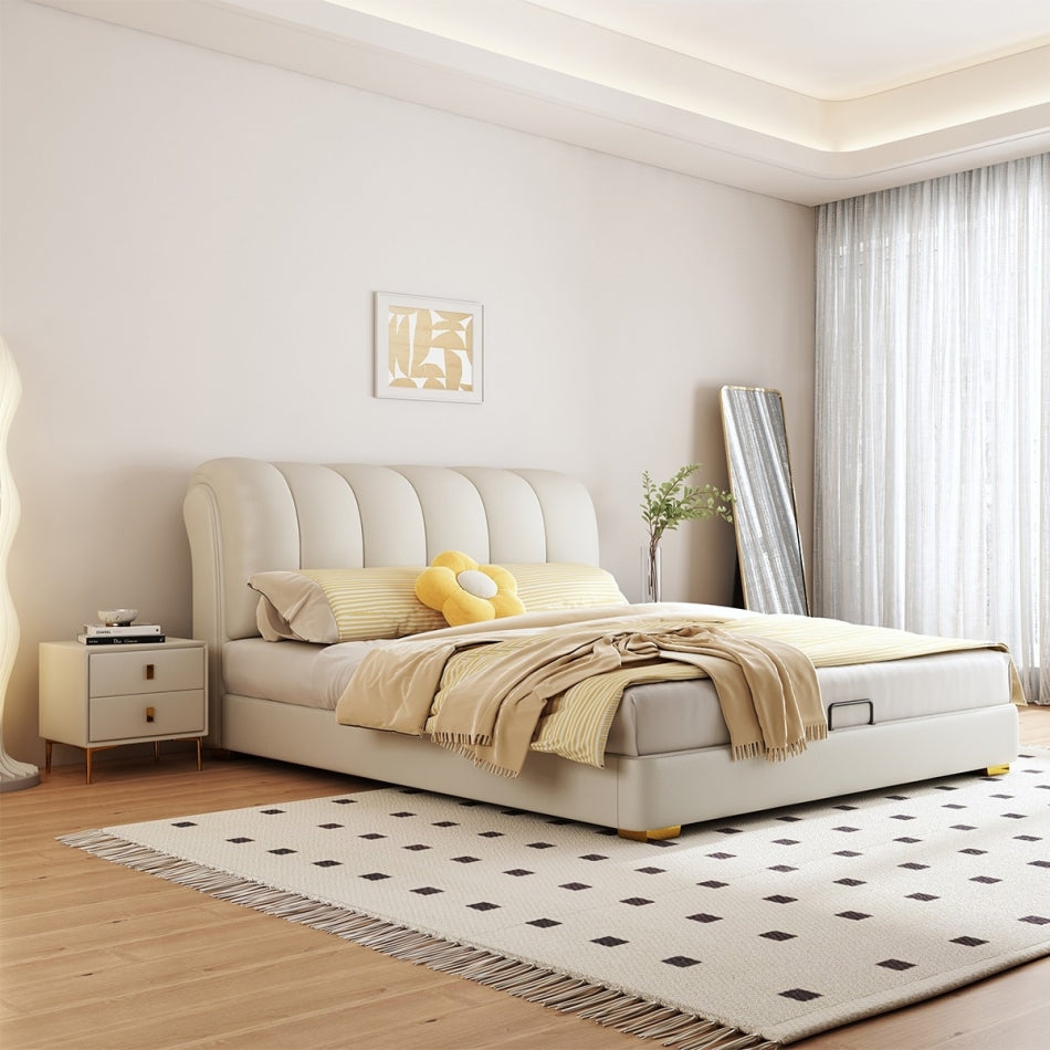 Upholstered Platform Bed with Curved Headboard & Pet-Friendly Leather