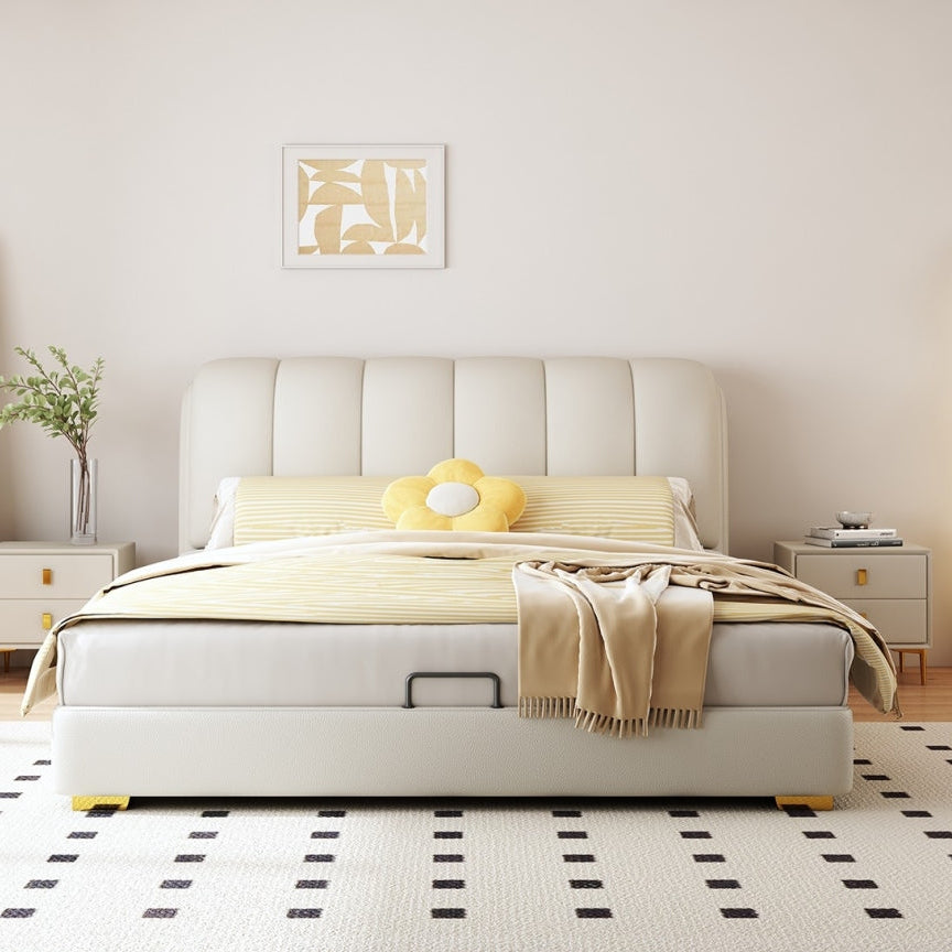 Upholstered Platform Bed with Curved Headboard & Pet-Friendly Leather