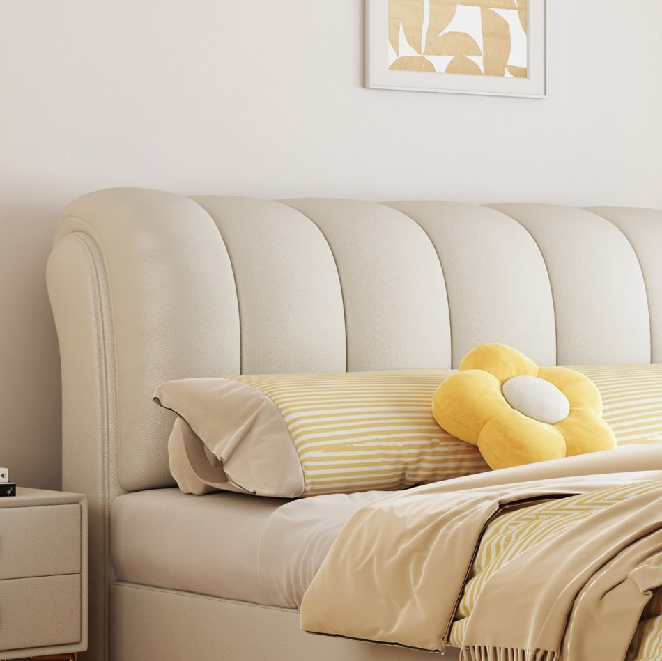 Upholstered Platform Bed with Curved Headboard & Pet-Friendly Leather