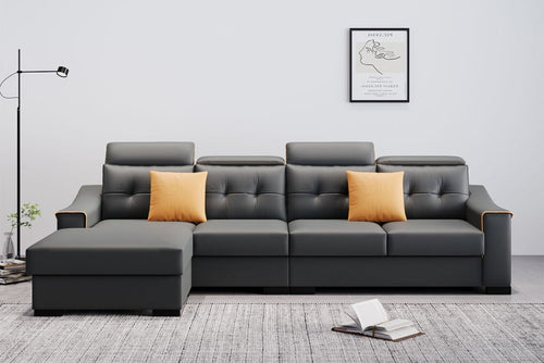Adjustable Headrest Leather L-Shaped Sectional Sofa with Chaise
