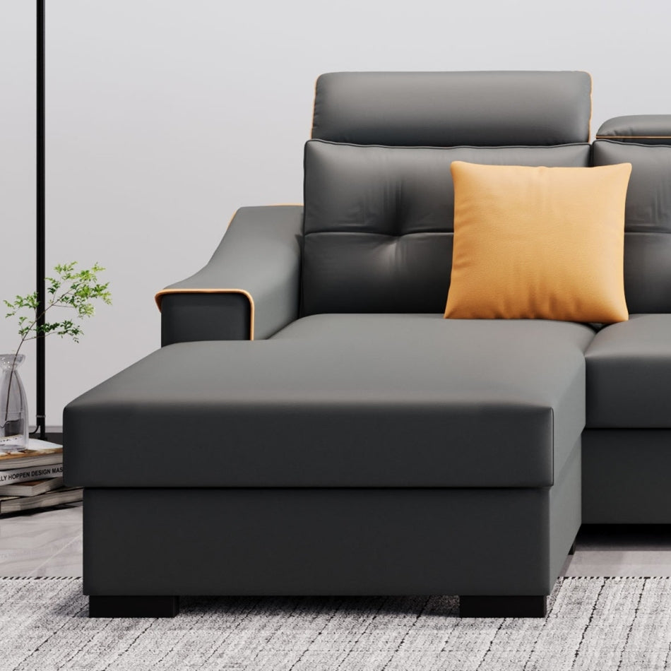 Adjustable Headrest Leather L-Shaped Sectional Sofa with Chaise