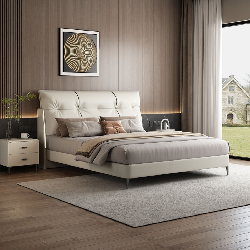 Solid Larch Frame Eco-Leather Bed with Carbon Steel Feet