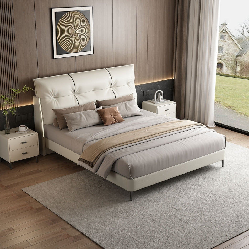 Solid Larch Frame Eco-Leather Bed with Carbon Steel Feet