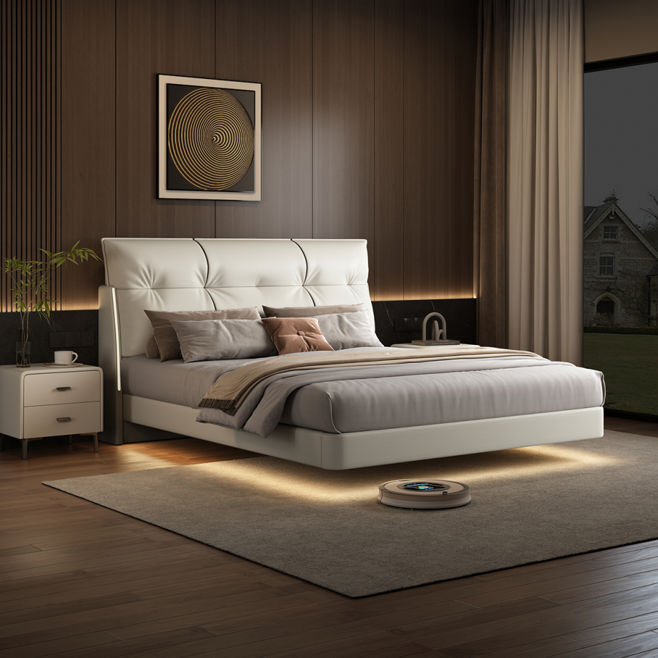 Floating Suspended Eco-Leather Bed with Hidden Support
