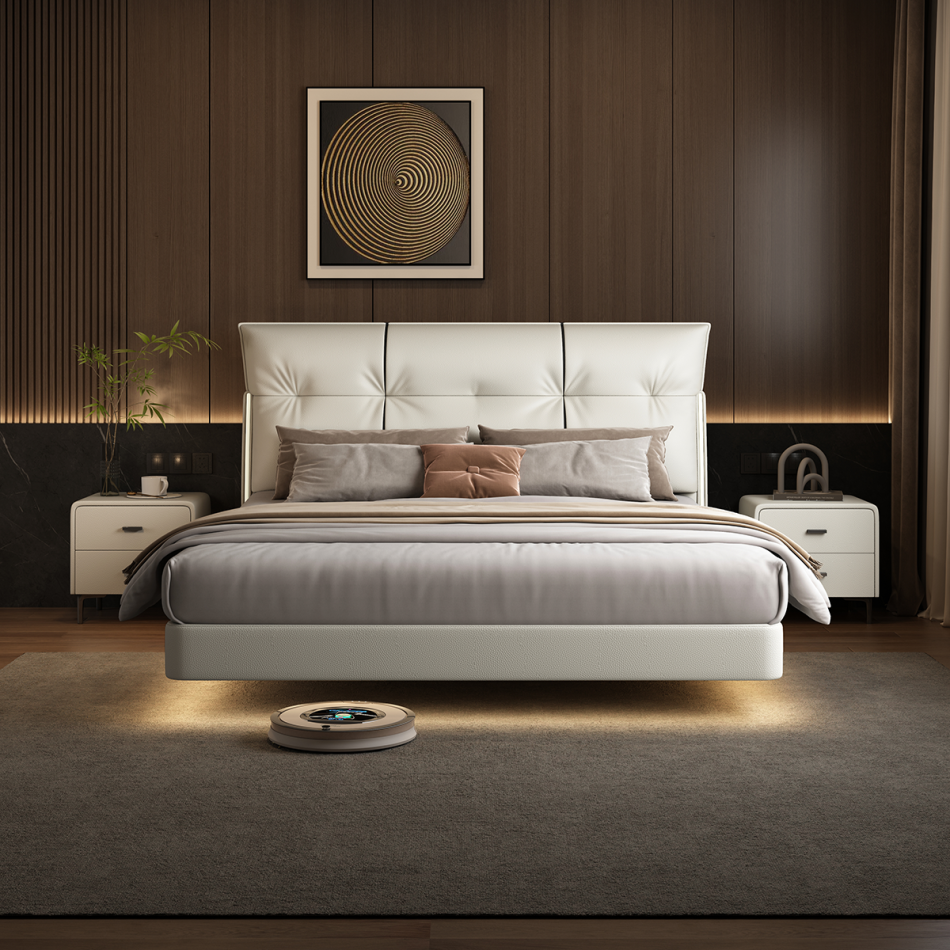 Floating Suspended Eco-Leather Bed with Hidden Support