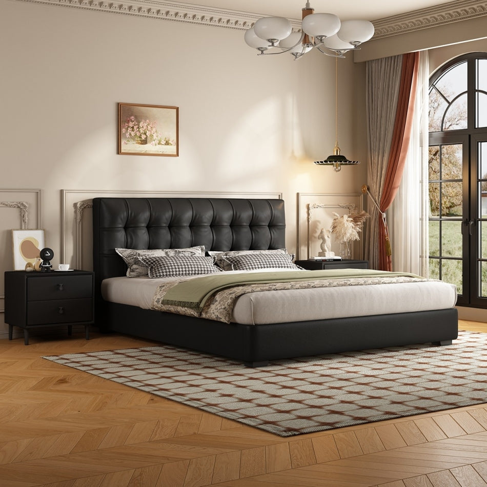 Flat-Push Manual Lift Storage Bed with Lychee-Grain Leather Upholstery