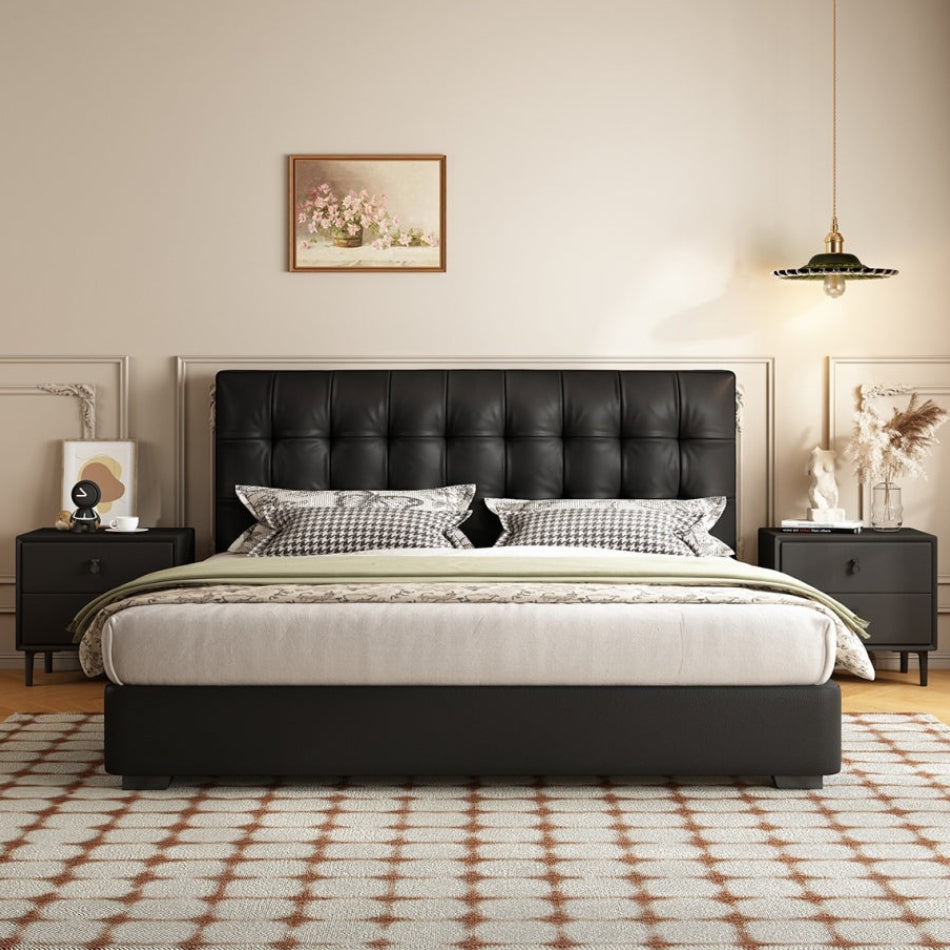 Textured Leather Platform Bed with Waffle Pattern & Low Profile Design