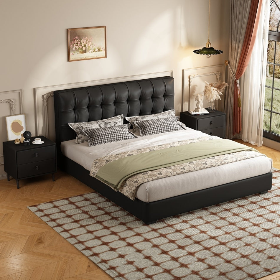 Textured Leather Platform Bed with Waffle Pattern & Low Profile Design