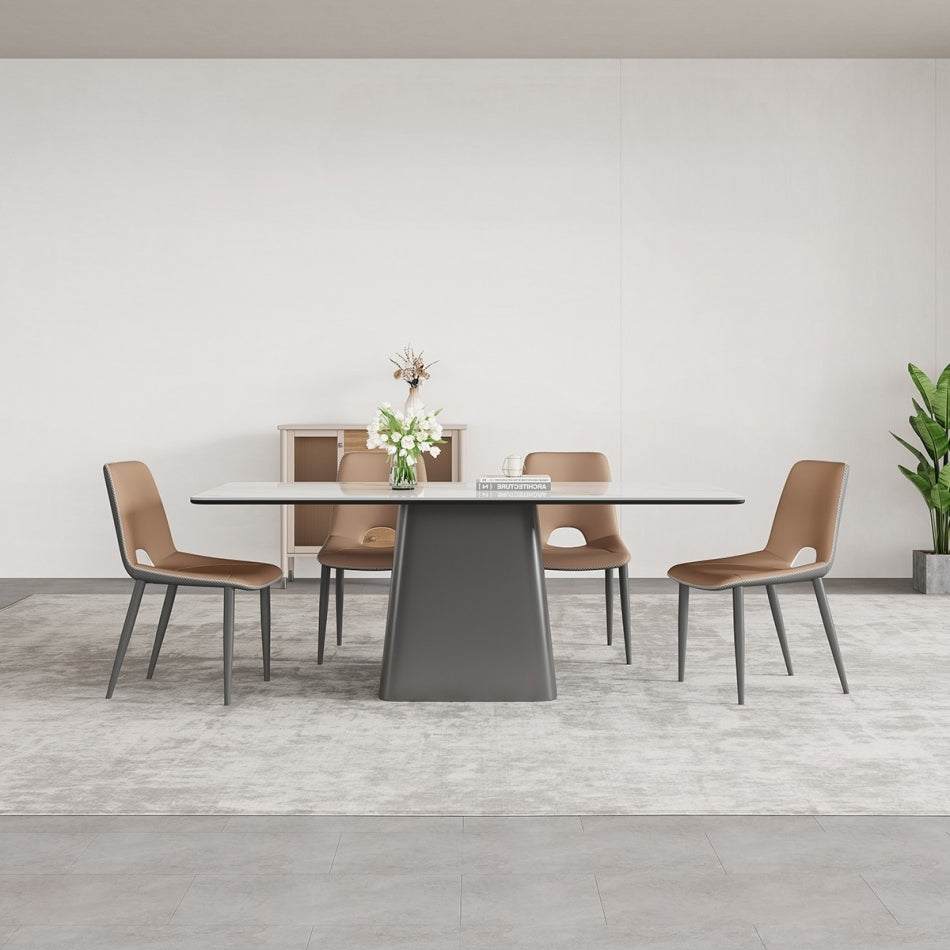 Stainless Steel Base Dining Table with Glossy White Stone Top