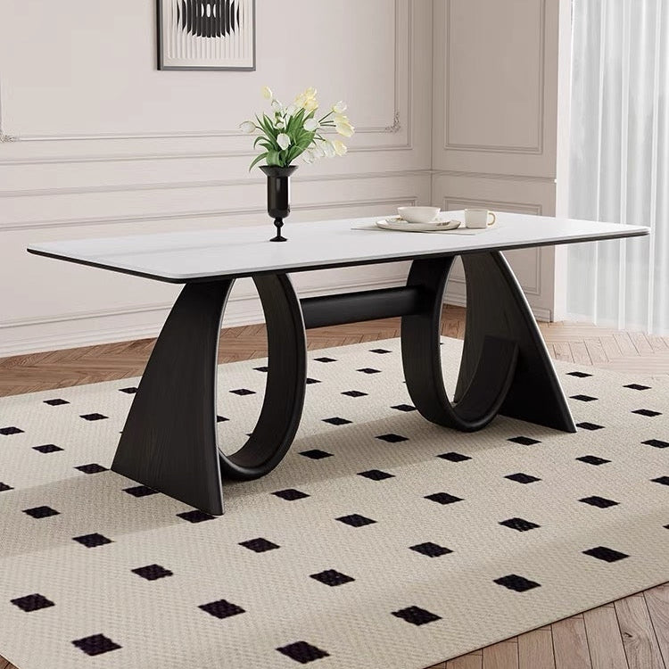 Modern Dining Table with Matte White Stone Top and Curved Wood Base