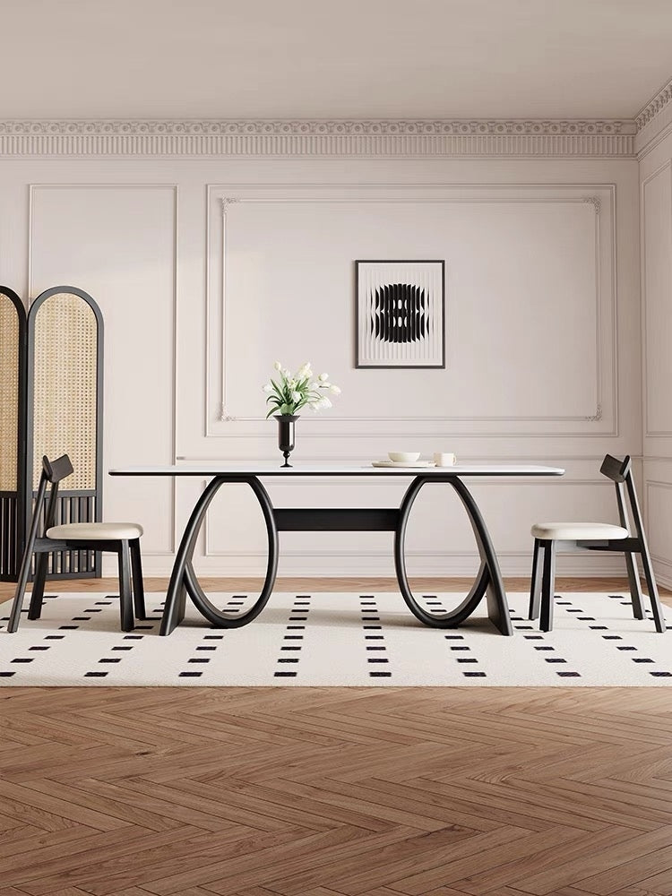 Modern Dining Table with Matte White Stone Top and Curved Wood Base