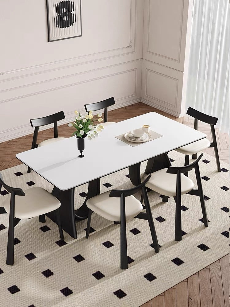 Modern Dining Table with Matte White Stone Top and Curved Wood Base