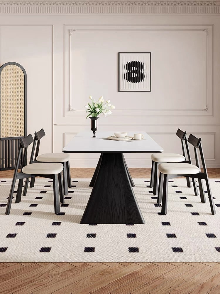 Modern Dining Table with Matte White Stone Top and Curved Wood Base
