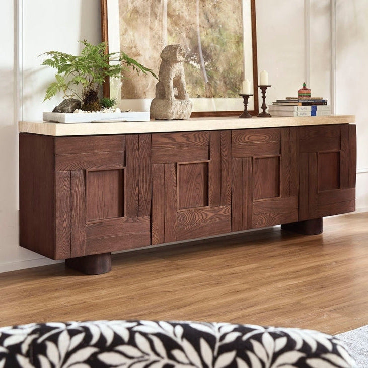 87" Walnut Veneer Sideboard with White Travertine Marble Top
