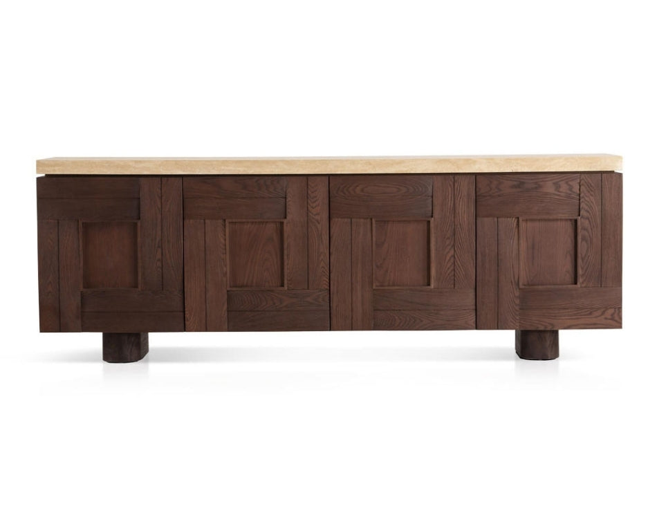 87" Walnut Veneer Sideboard with White Travertine Marble Top