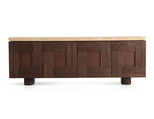 87" Walnut Veneer Sideboard with White Travertine Marble Top