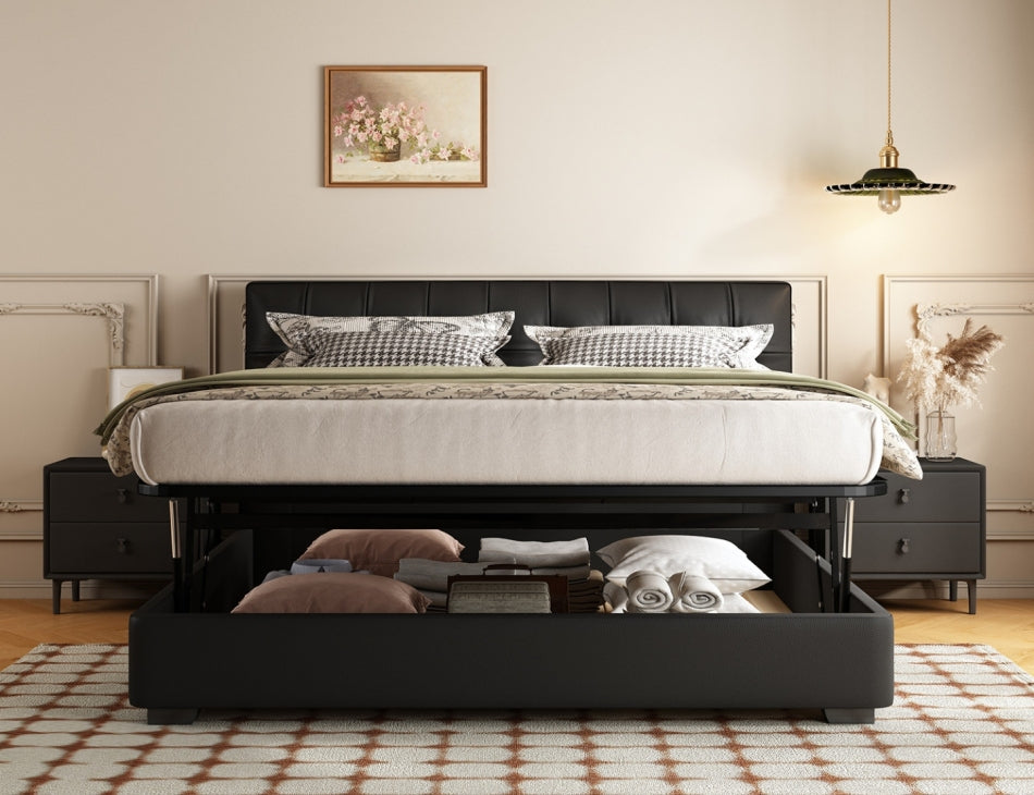 Flat-Push Manual Lift Storage Bed with Lychee-Grain Leather Upholstery