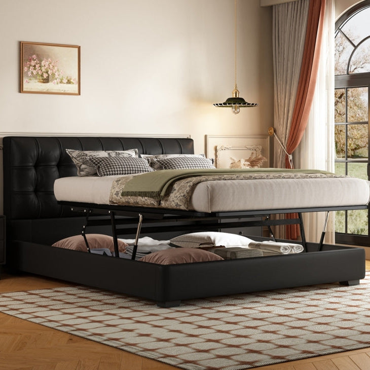 Flat-Push Manual Lift Storage Bed with Lychee-Grain Leather Upholstery