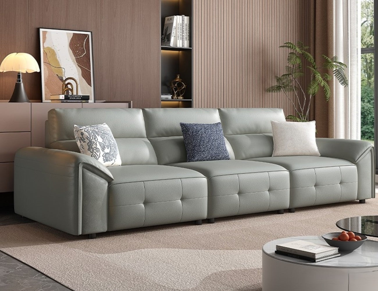 Modi Italian Minimalist Sofa with Eco-Leather & Cylindrical Steel Base