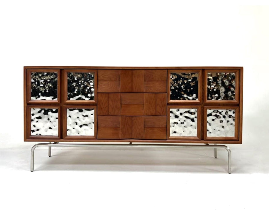 63" Mid-Century Sideboard with Stainless Steel Mirror Doors