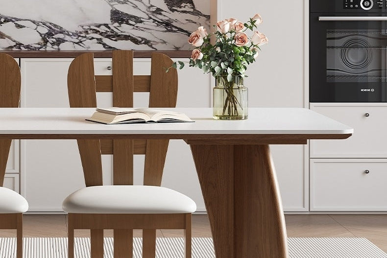 Modern White Sintered Stone Dining Table with Wood Base