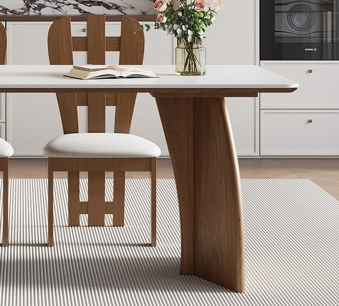 Modern White Sintered Stone Dining Table with Wood Base