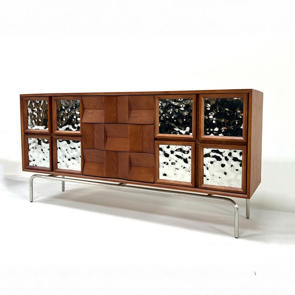 63" Mid-Century Sideboard with Stainless Steel Mirror Doors